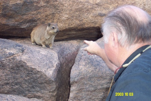 Pictures to evoke Africa usually involve elephants and acacias or baobabs, and are guaranteed to make me ache with homesickness. But this picture of Himself coming face-to-face with his first dassie, the little cousin of the elephant, at Augrabies Falls, tells a more personal story.