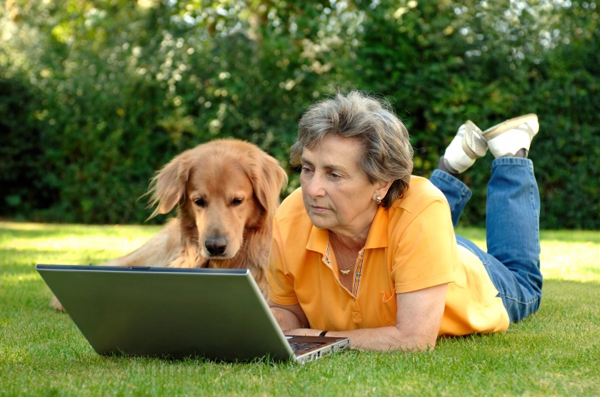 Seniorin mit Hund am Laptop, auf Wiese liegend